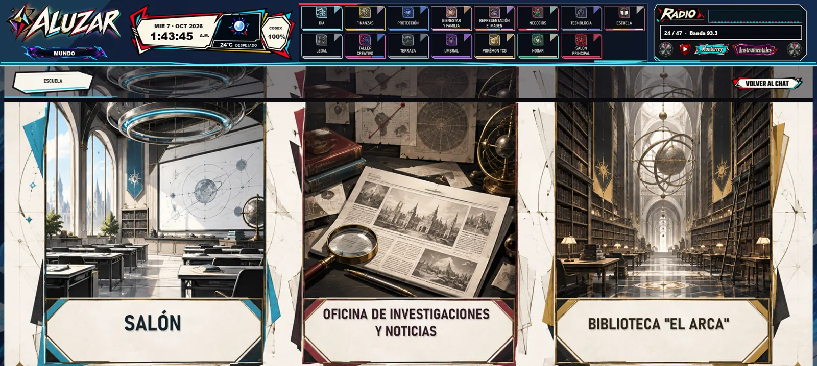 Aluzar desktop application showing its learning, research and knowledge areas